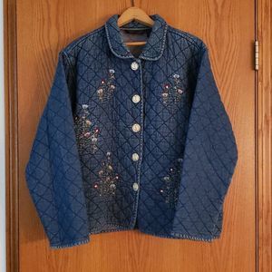 Vintage Quilted Denim Embroidered Floral Jacket Coat Sz L